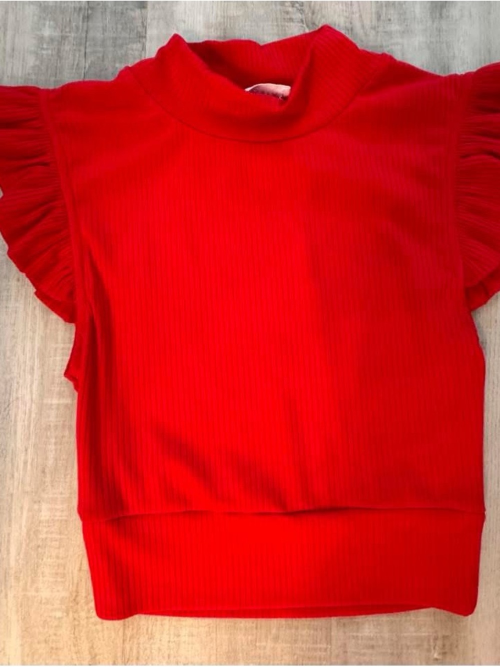 Lizard Thicket Red Ribbed Mock Neck Crop Top with Ruffle Sleeves